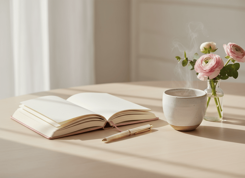 Rosa Journal mit Stift, Tee und Blumen in ruhiger Atmosphäre