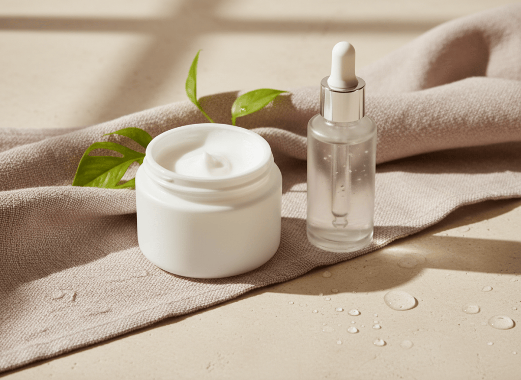 Sanfte Hautpflege mit Creme, Serum und Handtuch in warmem Licht